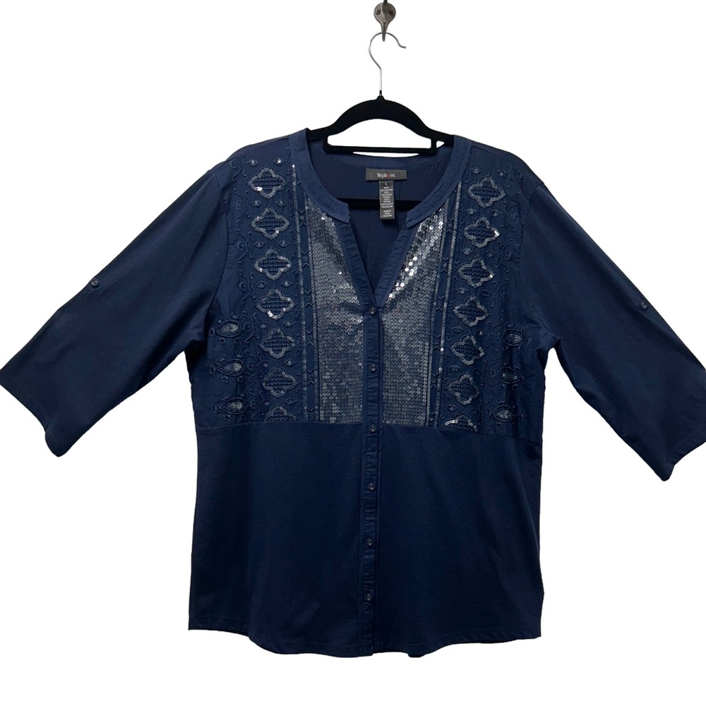 Style & Co. Navy Sequin Blouse with Bib Collar